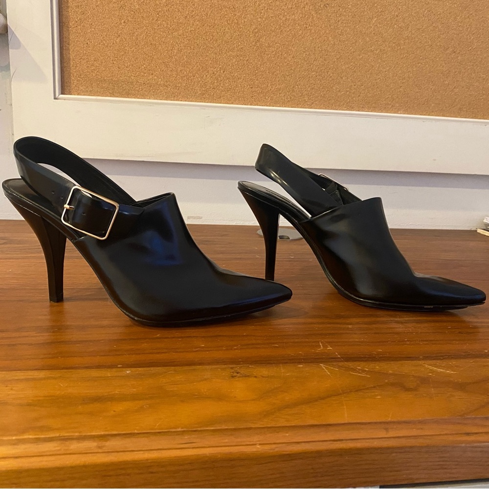 Alexander Wang sling back black leather mule pumps silver buckle size 41 US 10